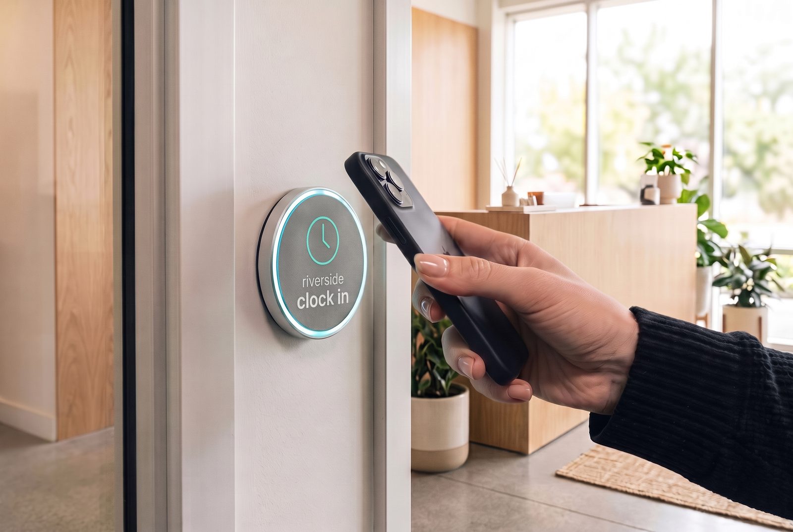 In a bright studio lobby, a hand holds a phone against a round wall tag showing the clock out icon and the words riverside, clock in.
