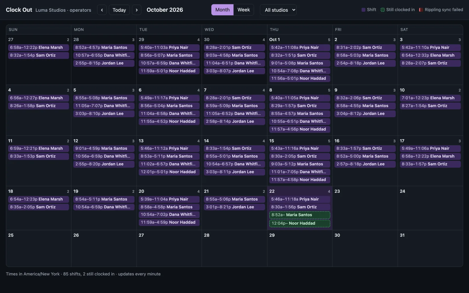 The operators calendar: a month of shifts across three studios, each day listing who clocked in and out and when, with the open shifts highlighted.