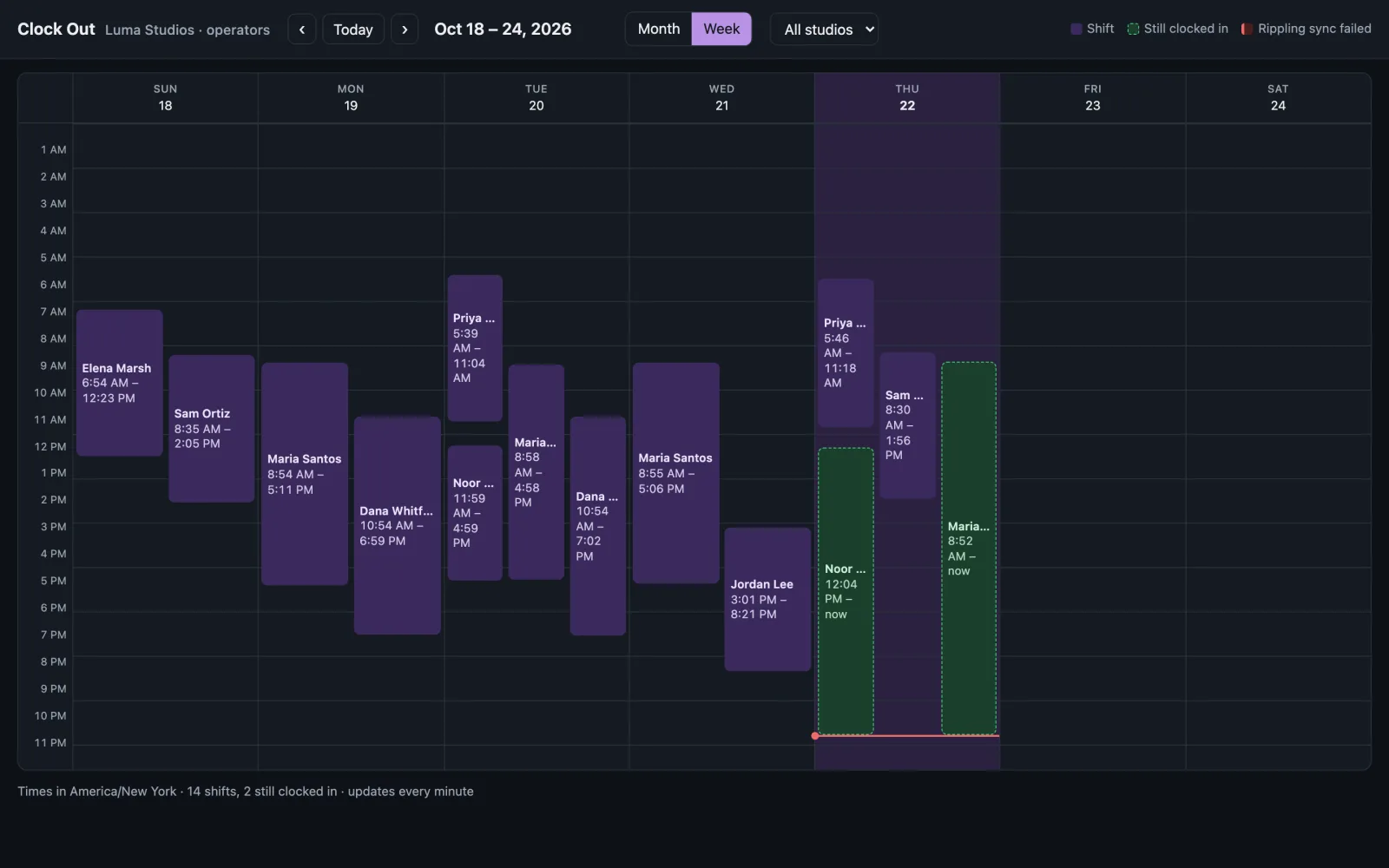 The operators calendar in week view: a time grid with each person's shifts as blocks, one column per day.