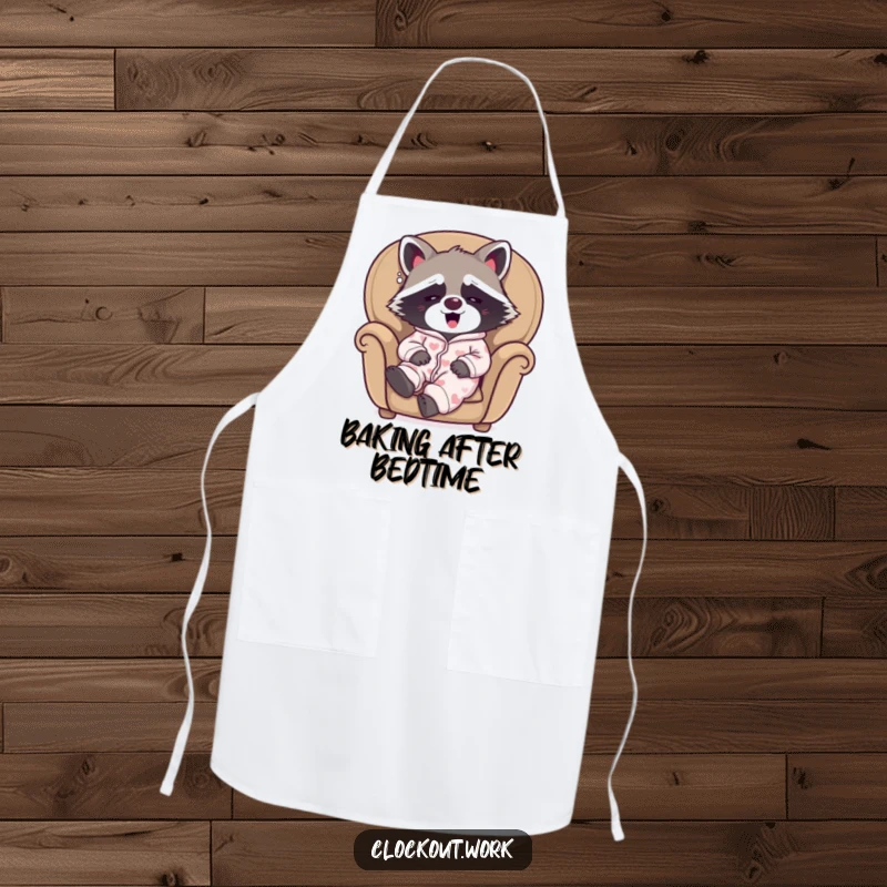 Funny kitchen apron with a sleepy raccoon wearing pajamas, yawning happily in a cozy armchair, adding quirky flair.