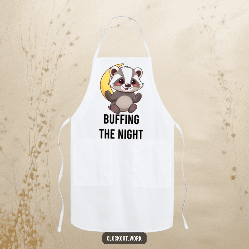 Funny Apron depicting a diligent badger polishing a luminous crescent moon, perfect for a humorous kitchen.