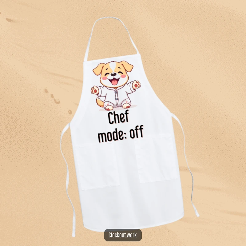 Funny apron with a content dog wearing pajamas, happily stretching its paws upwards, kitchen humor gift.
