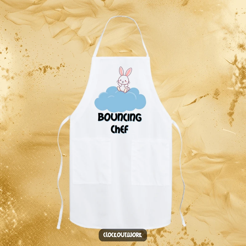 Funny Apron with a happy rabbit bouncing on a fluffy dark blue cloud, ideal for a whimsical kitchen.