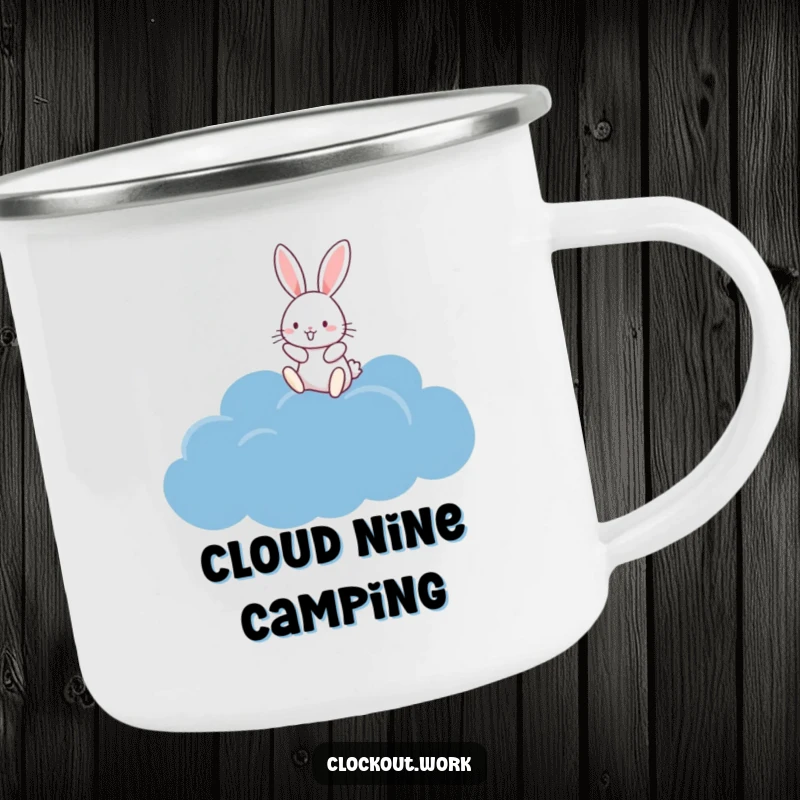 Funny Camping Mug showing a happy rabbit bouncing on a fluffy dark blue cloud, great for outdoor lovers.