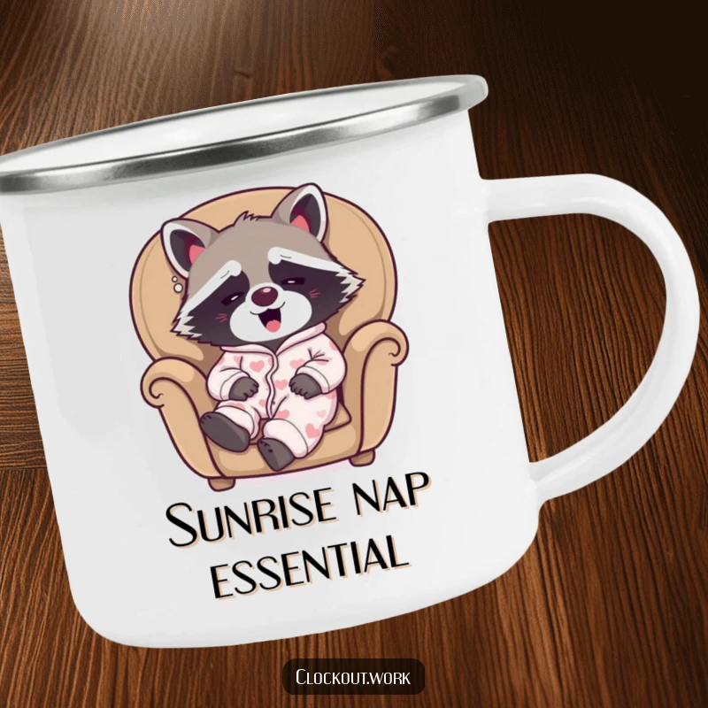 Funny camping mug featuring a sleepy raccoon in pajamas, yawning happily in a cozy armchair, perfect for outdoor relaxation.