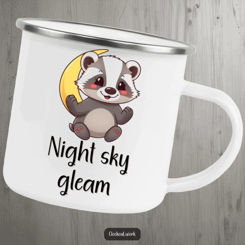 Funny Camping Mug showing a happy badger polishing a shining crescent moon, perfect for outdoor enthusiasts.