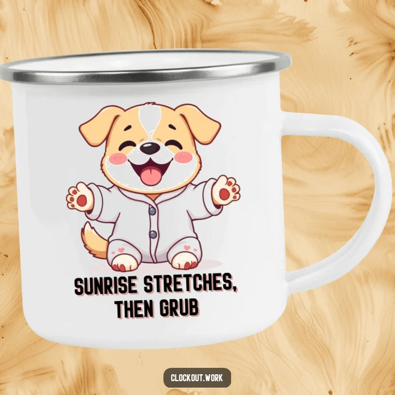 Funny camping mug showcasing a content dog in pajamas, happily stretching its paws upwards, outdoor fun.