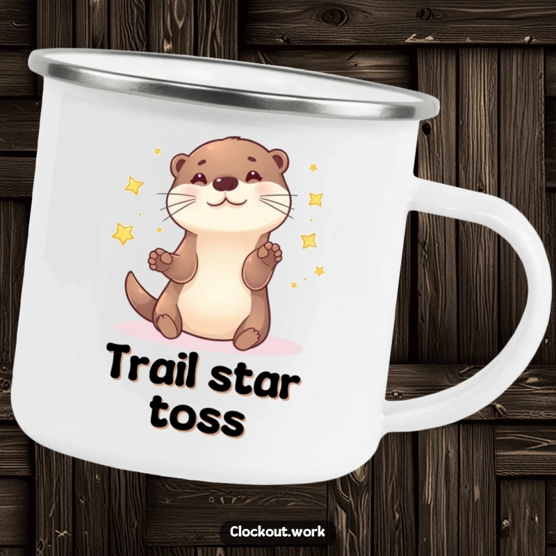 Funny Camping Mug showing a happy otter juggling bright, sparkling stars, great for outdoor enthusiasts.