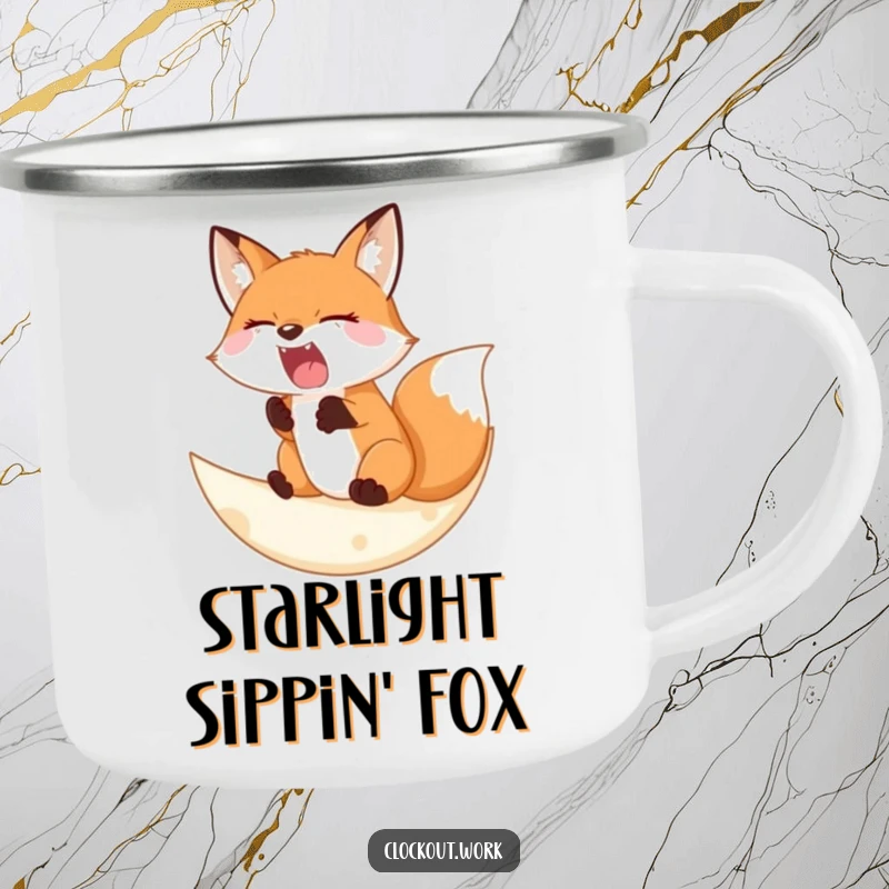 Funny Camping Mug depicting a sleepy fox yawning widely on a soft crescent moon, perfect for cozy night adventures.
