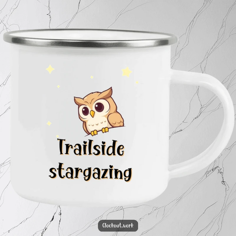 Funny Camping Mug showing a curious owl peeking over a starry night sky, great for outdoor observers.