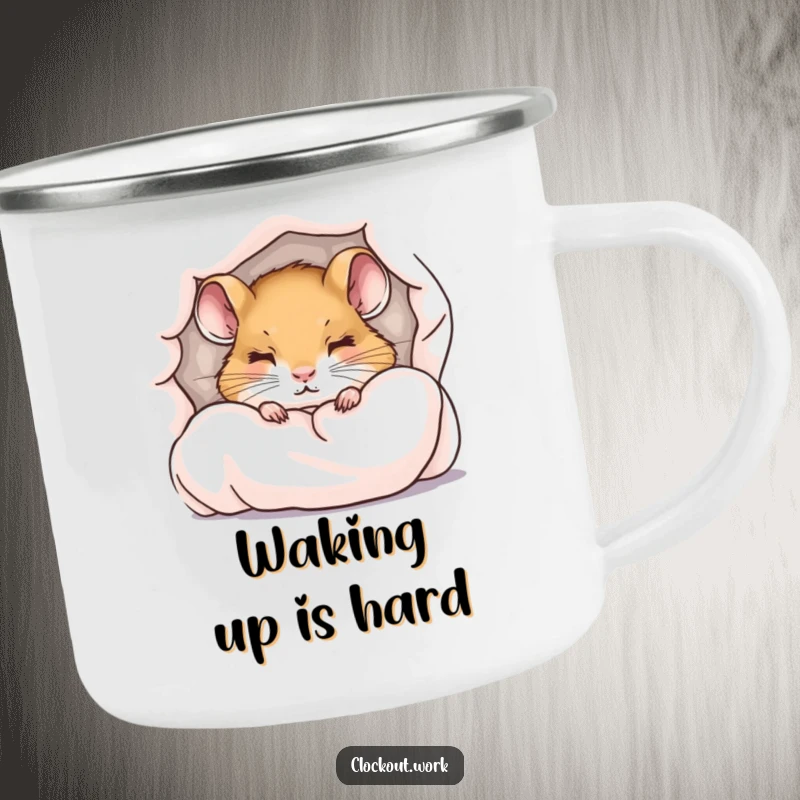 Funny camping mug showcasing a little dormouse peeking from under a duvet with sleepy eyes, outdoor comfort.