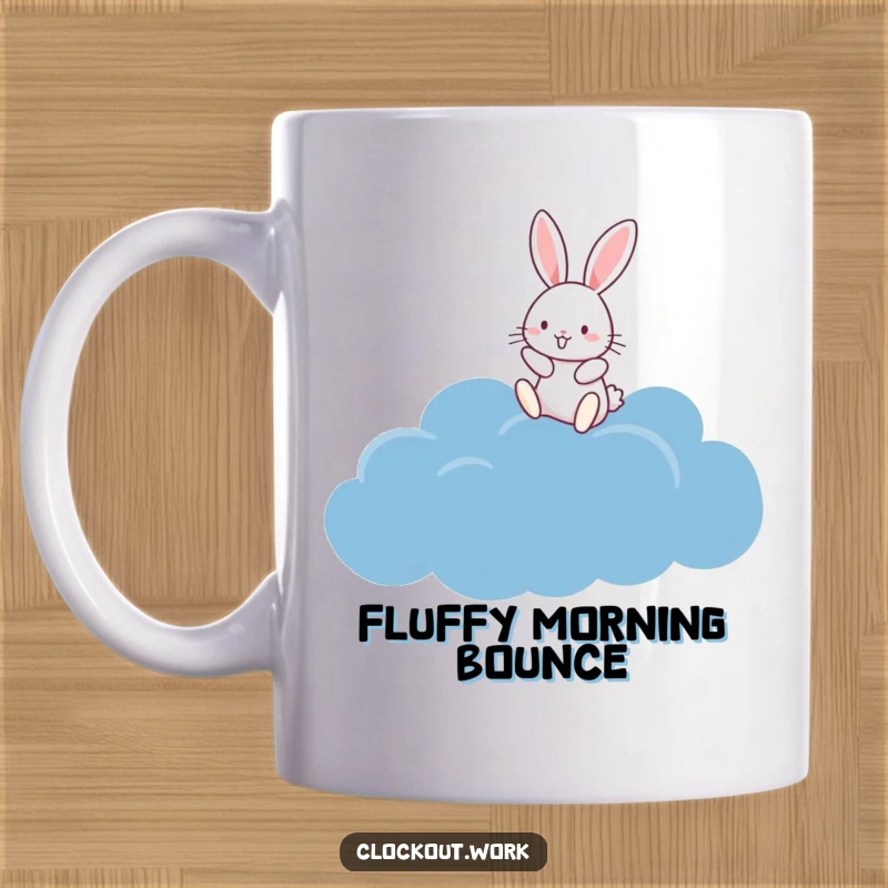 Funny Mug featuring a happy rabbit joyfully bouncing on a soft, dark blue cloud against a dreamy sky.