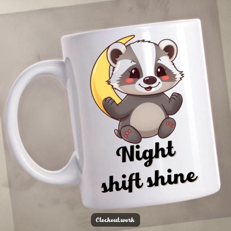 Funny Mug featuring a cheerful badger enthusiastically polishing a glowing crescent moon against a starry night sky.