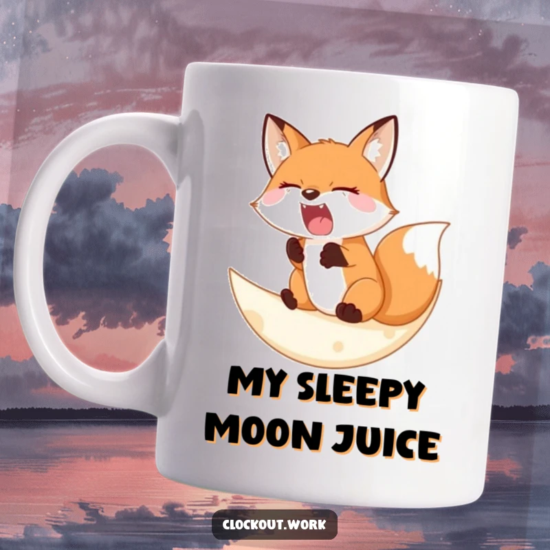 Funny Fox Moon Mug featuring a sleepy fox yawning widely while resting comfortably on a soft, crescent moon, evoking tranquil vibes.
