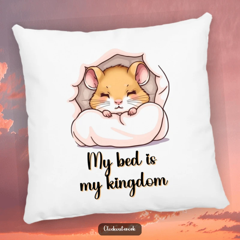 Funny pillow with a little dormouse peeking from under a duvet with sleepy eyes, comfort and dreams.