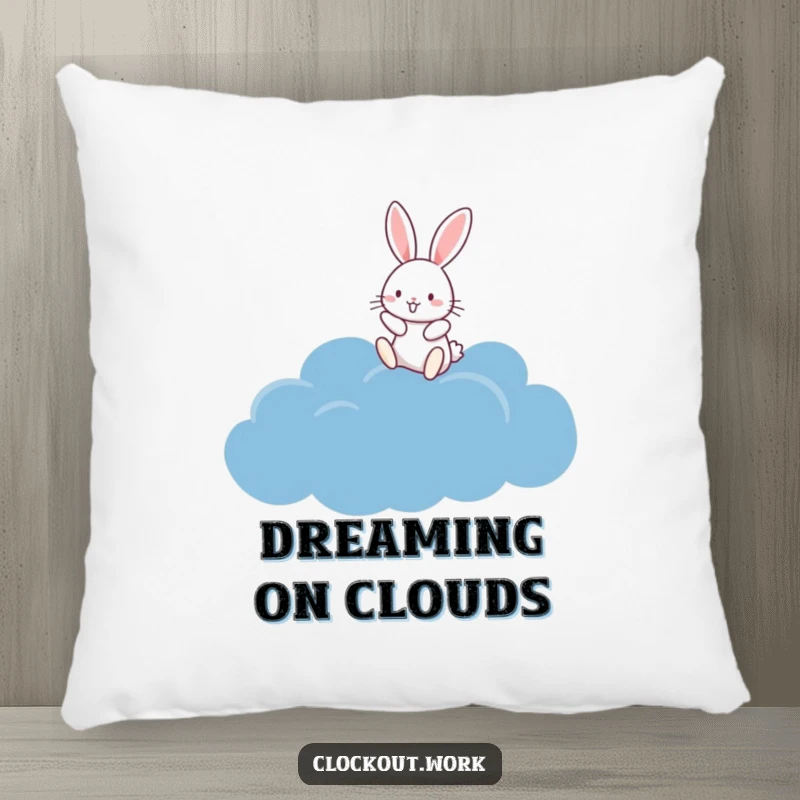 Funny Pillow showing a happy rabbit bouncing on a fluffy dark blue cloud, perfect for adding cozy charm.