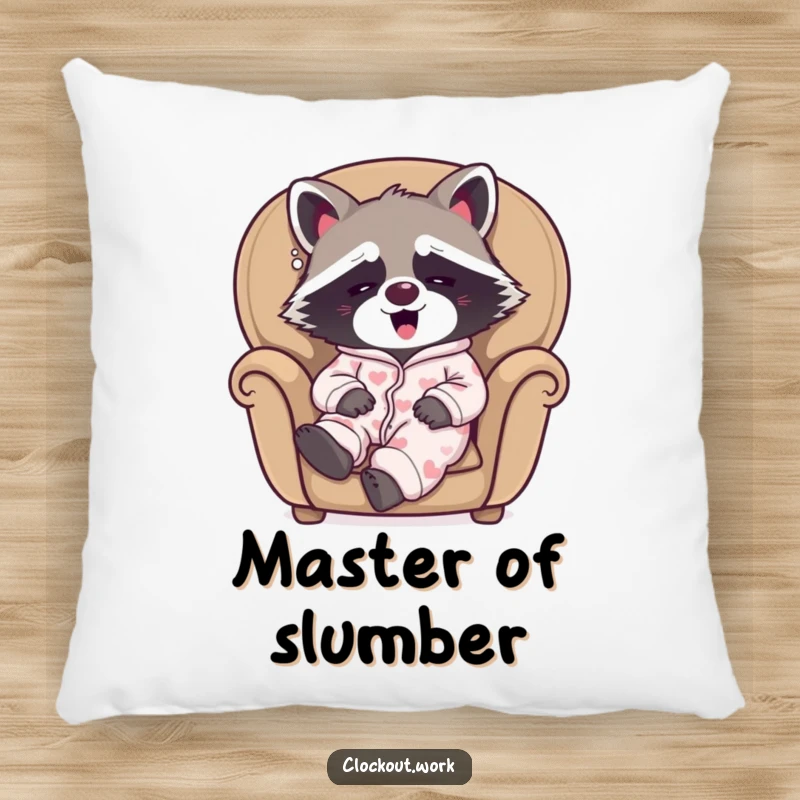 Funny accent pillow featuring a sleepy raccoon in pajamas, yawning happily in a cozy armchair, perfect for relaxation.