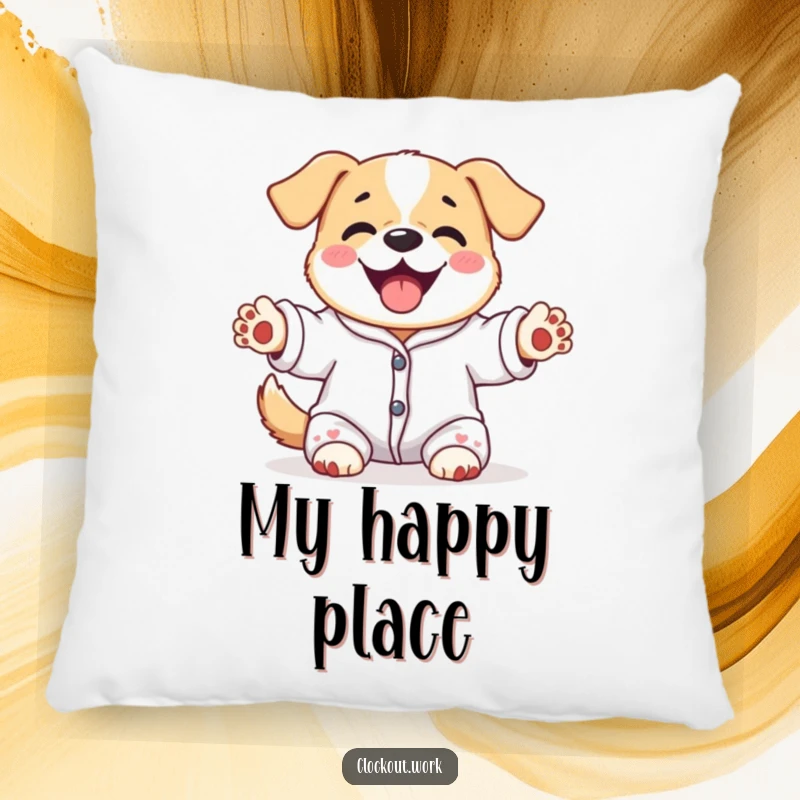 Funny pillow with a content dog in pajamas, happily stretching its paws upwards, comfort and humor.