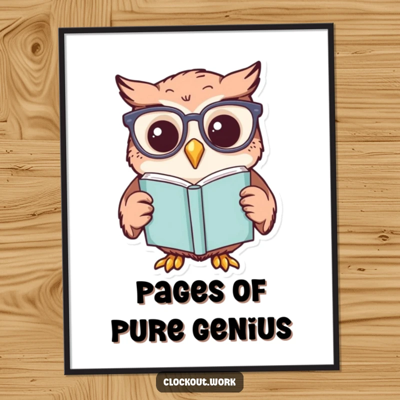 Funny digital art print of a cheerful owl with reading glasses, intensely concentrated on reading a book.