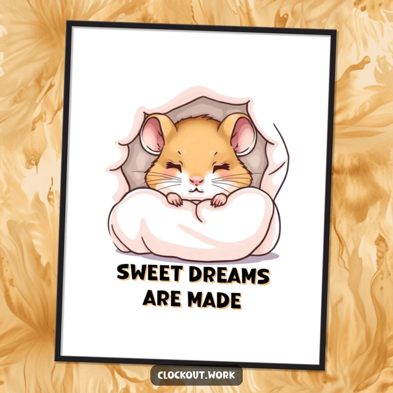 Funny digital art print of a little dormouse peeking from under a duvet with sleepy eyes.