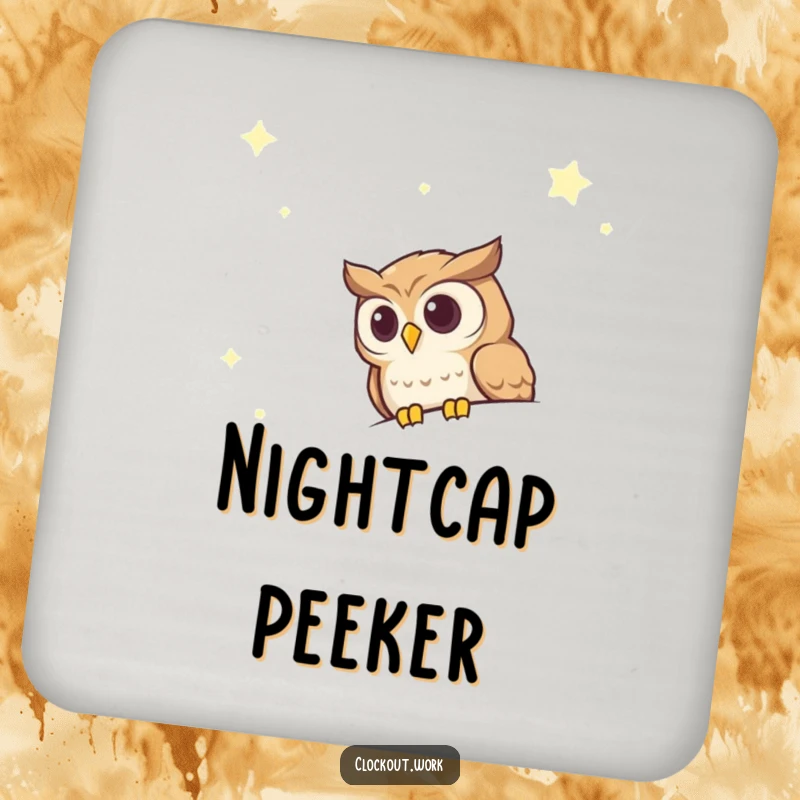 Funny Coaster with a curious owl peeking over a starry night sky, adding wise protection.