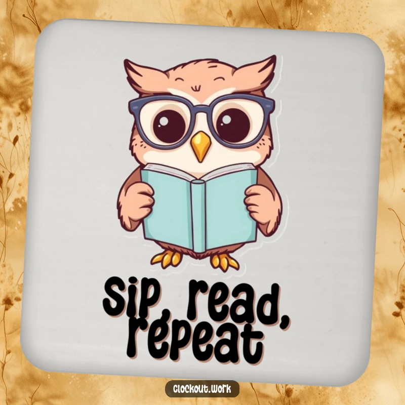 Funny drink coaster with a cheerful owl wearing reading glasses, focused on a book, protects furniture.