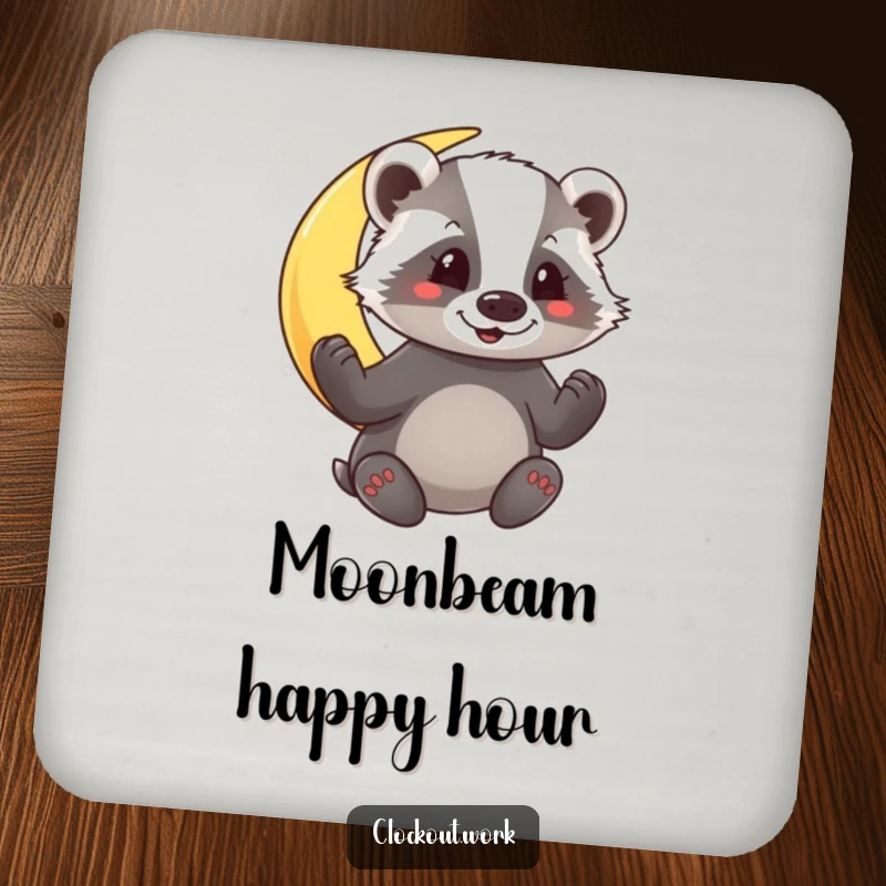 Funny Coaster with a cheerful badger polishing a crescent moon, adding whimsical protection to your table.