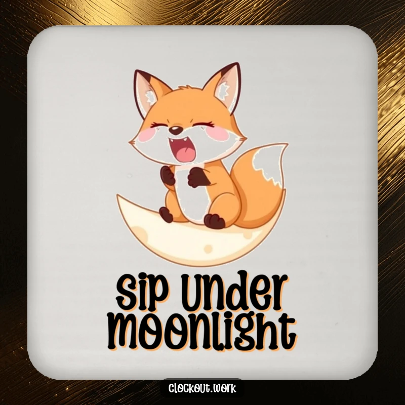 Funny Coasters featuring a sleepy fox yawning widely on a soft crescent moon, perfect for cozy night enthusiasts.