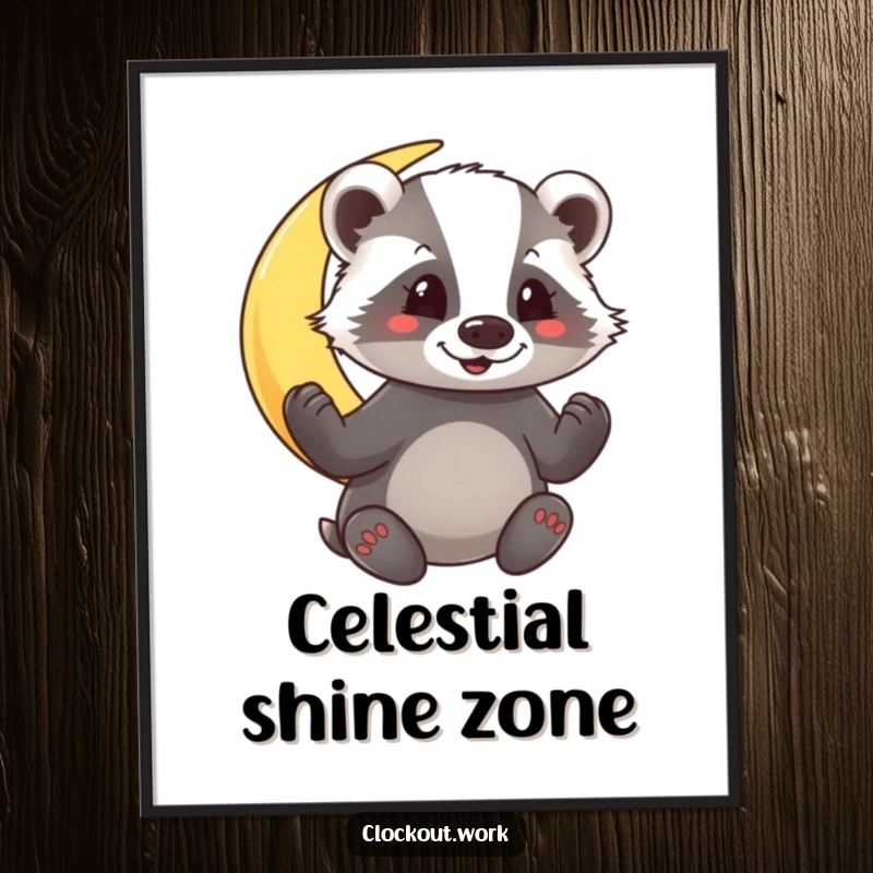 Funny Poster illustrating a happy badger polishing a shining crescent moon under a sky full of twinkling stars.