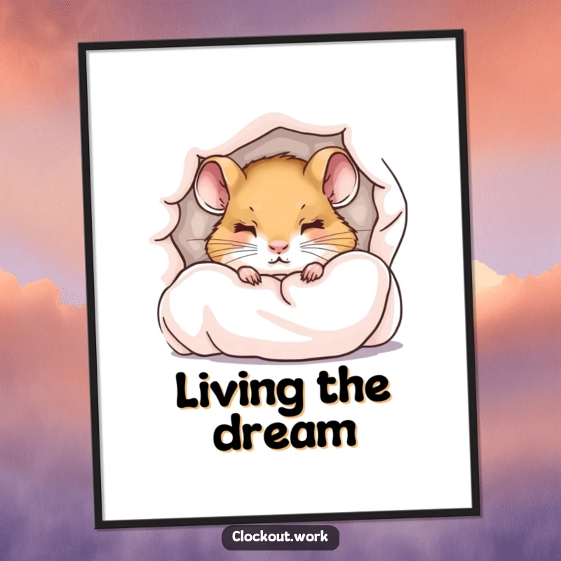 Funny poster of a little dormouse peeking from under a duvet with sleepy eyes, inspires sweet dreams.