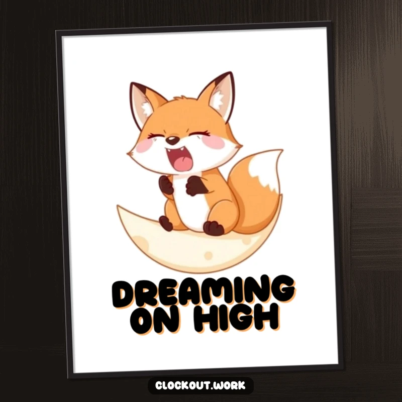 Funny Poster of a sleepy fox yawning widely on a soft crescent moon, creating a tranquil and humorous atmosphere.