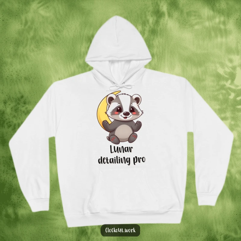 Funny Hoodie depicting a diligent badger enthusiastically polishing a bright crescent moon amidst a vast, starry night.