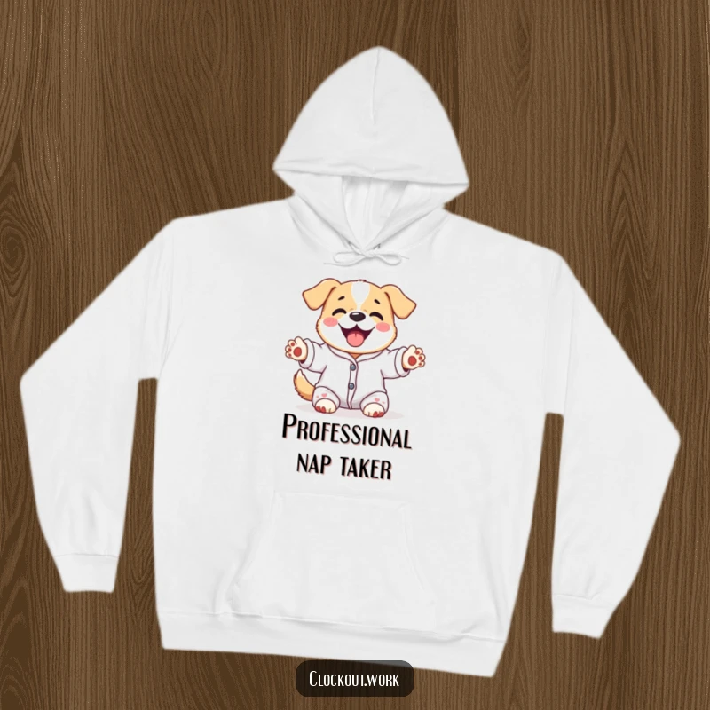 Funny hoodie with a content dog wearing pajamas, happily stretching its paws upwards, ideal funny gift.