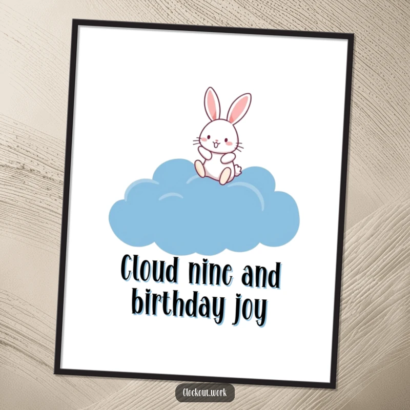 Funny Free Printable Wall Art: A happy rabbit joyfully bouncing on a fluffy, dark blue cloud against a simple background.