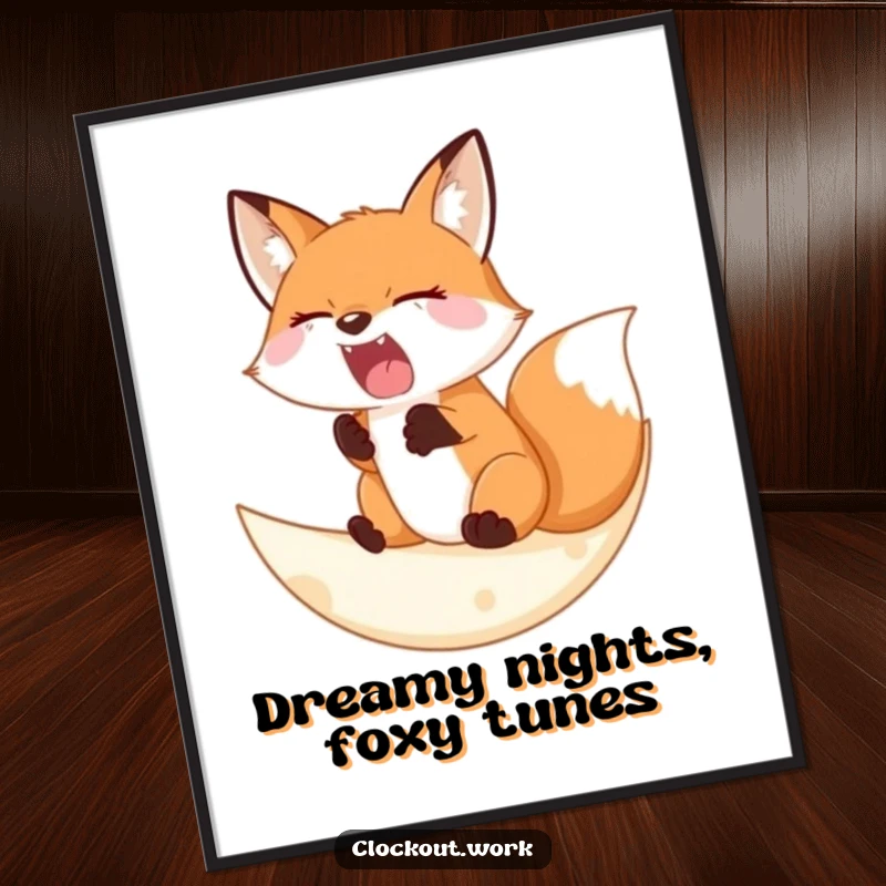 Funny Free Printable Wall Art: A sleepy fox is yawning peacefully on a soft, glowing crescent moon.