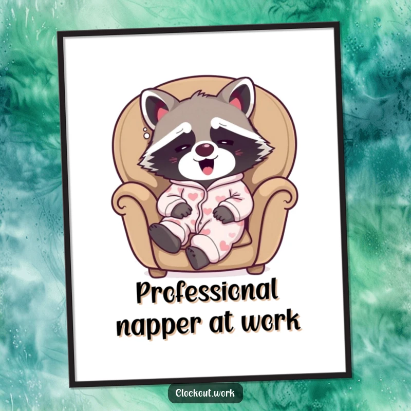 Funny free printable wall art featuring a sleepy raccoon in pajamas yawning happily in a cozy armchair, promoting comfort.