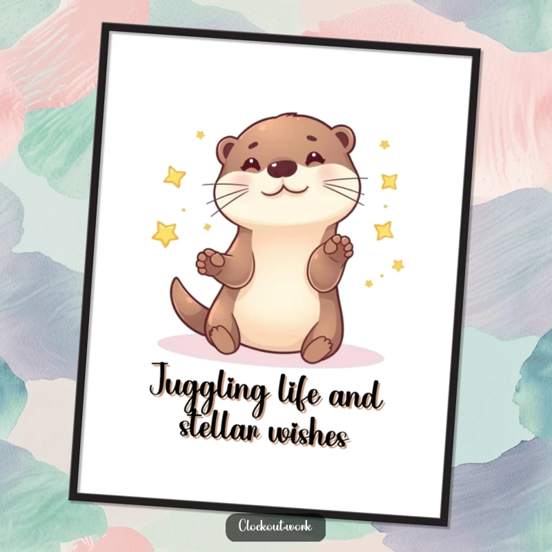 Funny Free Printable Wall Art: A playful otter joyfully juggling several small, brightly sparkling stars against a dark background.