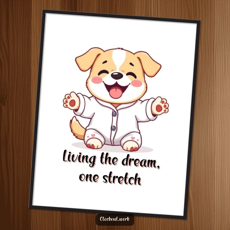 Funny Free Printable Wall Art: A dog wearing pajamas blissfully stretches its paws, embodying pure comfort and relaxation.