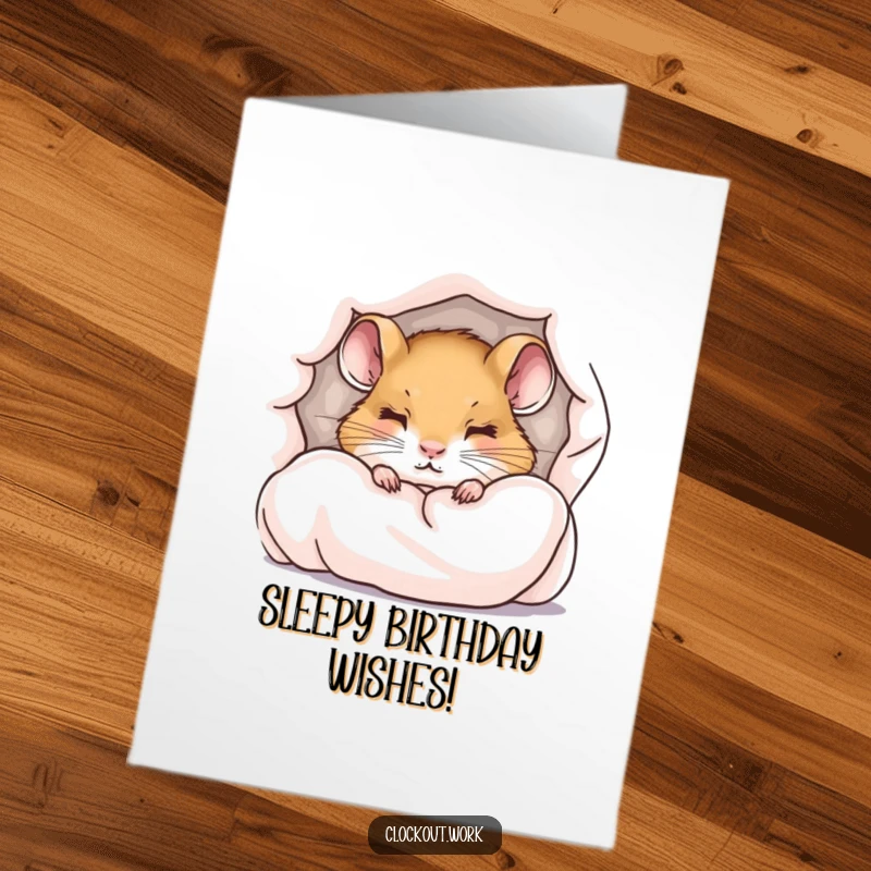 Funny Free Printable Birthday Card: A tiny dormouse with sleepy eyes peeks from under a duvet, wishing a happy birthday.