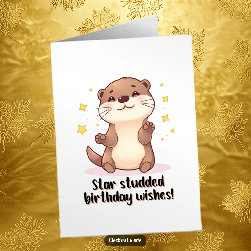 Funny Free Printable Birthday Card: Playful otter energetically juggling tiny, sparkling stars under a dreamy night sky, full of joy.