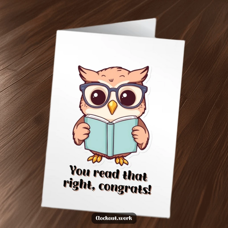Funny Free Printable Congratulations Card: An owl in reading glasses looking smart while celebrating achievements with a book.