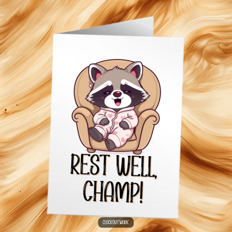Funny free printable congratulations card with a sleepy raccoon in pajamas yawning happily in a cozy armchair, celebrating rest.