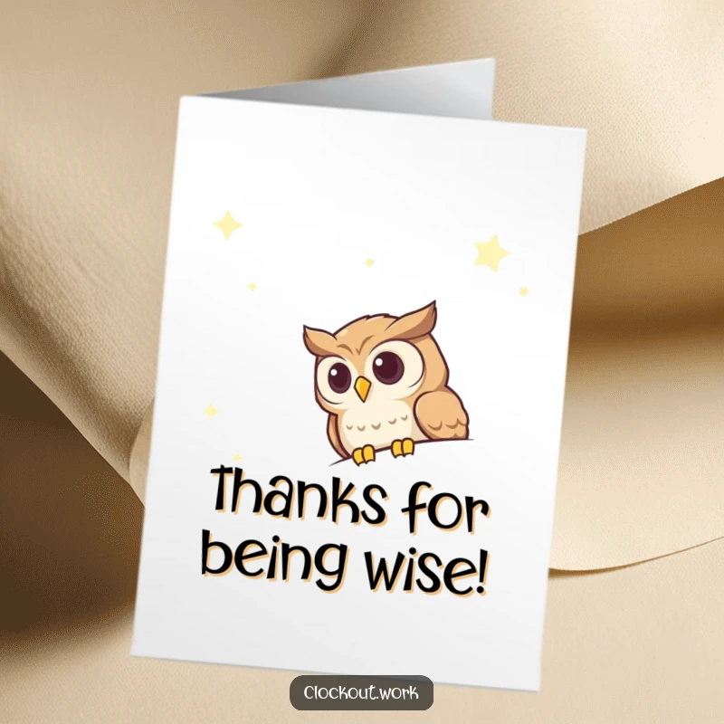 Funny Free Printable Thank You Card: A curious owl peeking from the edge of a starry night sky, conveying thoughtful thanks.