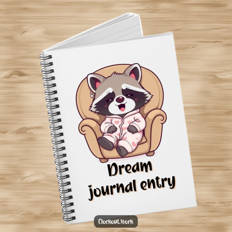Funny notebook with a sleepy raccoon wearing pajamas, yawning happily in a cozy armchair, ideal for journaling.