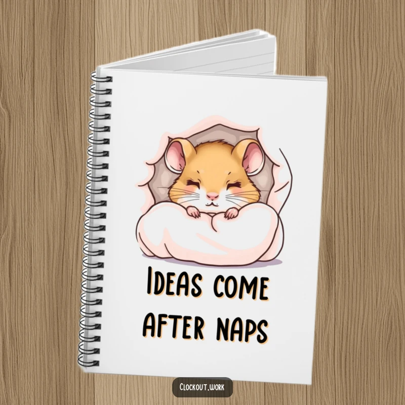 Funny notebook with a little dormouse peeking from under a duvet with sleepy eyes, for journaling.