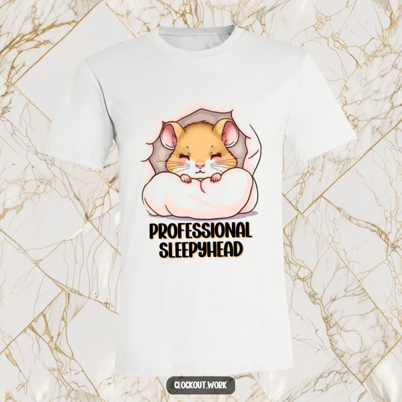 Funny t-shirt featuring a little dormouse peeking from under a duvet with sleepy eyes, great funny gift.