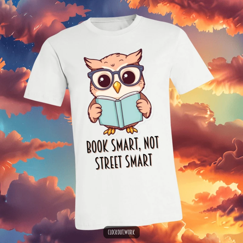 Funny t-shirt featuring a cheerful owl in tiny reading glasses, intensely focused on a book, great funny gift.