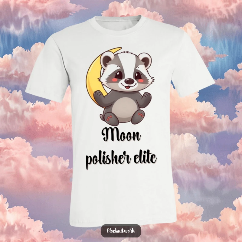 Funny T-Shirt showing a joyful badger vigorously polishing a luminous crescent moon under a starlit celestial expanse.