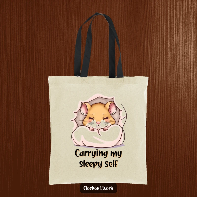 Funny tote bag depicting a little dormouse peeking from under a duvet with sleepy eyes, practical funny gift.