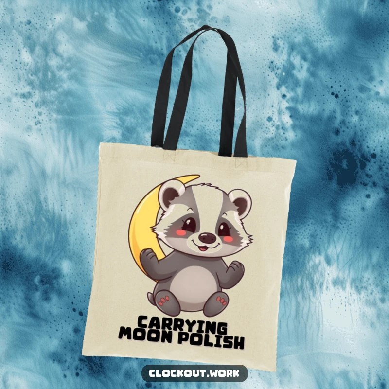 Funny Tote Bag with a cheerful badger diligently polishing a glowing crescent moon, set against a starry background.